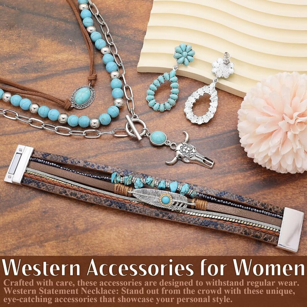 Western Boho Jewelry Set Women Turquoise Earrings Necklace Bracelet Cowgirl - Picture 3 of 7